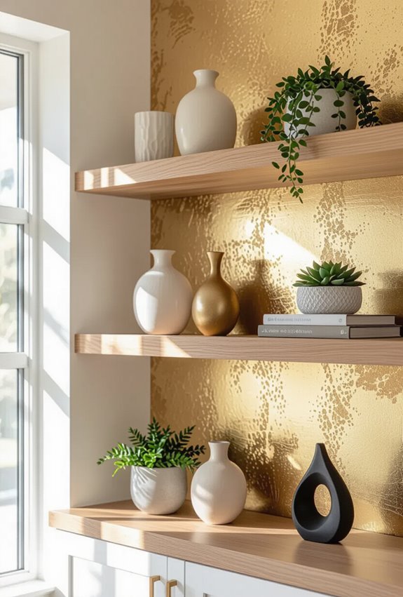 gold backed open shelving depth