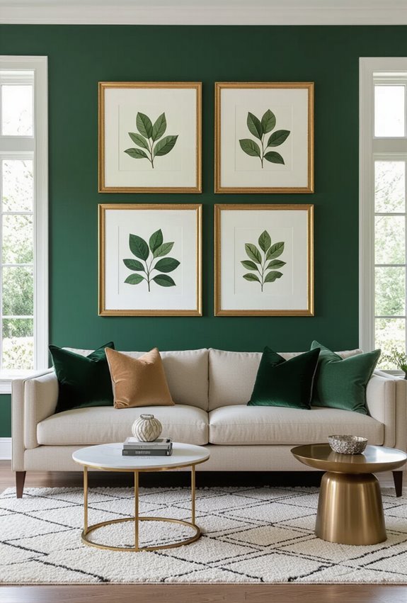 gold frames green walls