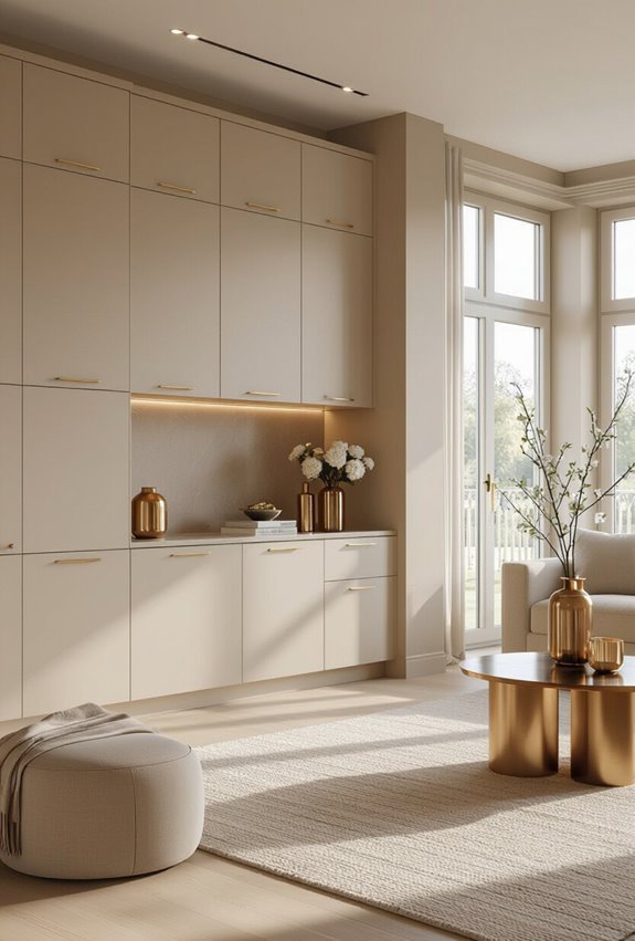 gold hardware enhances beige cabinetry