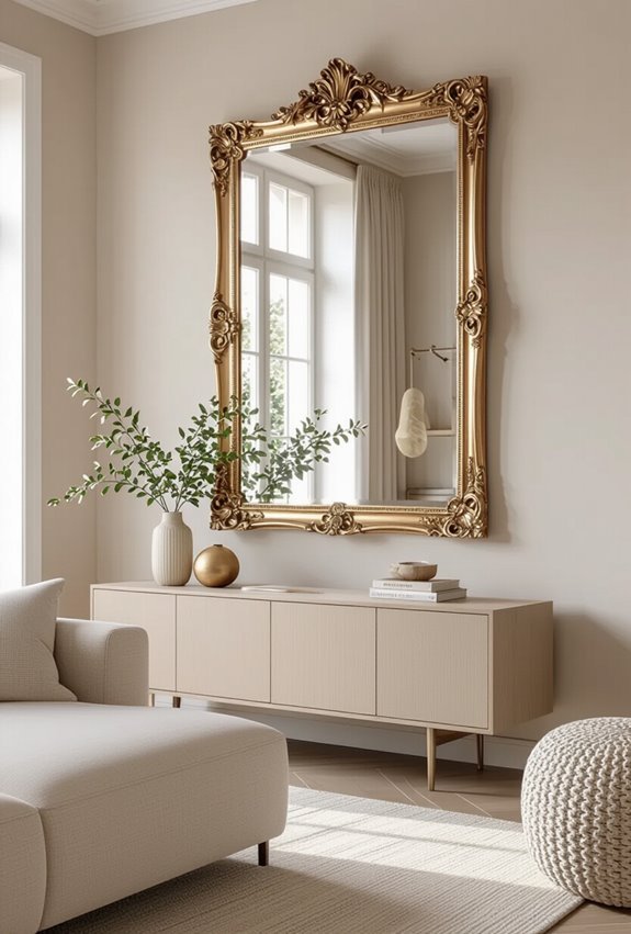 gold mirrors brighten beige walls