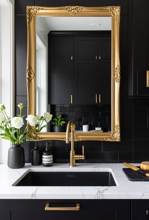 gold mirrors warm black kitchens