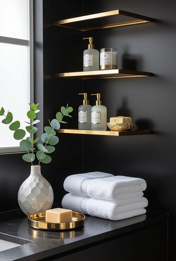 gold shelves on black