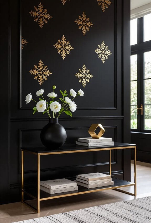 gold stenciled black walls
