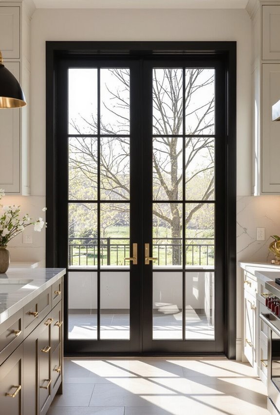gold trimmed black kitchen windows