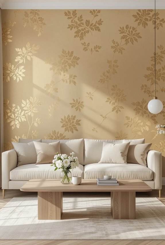 gold wallpaper neutral furniture