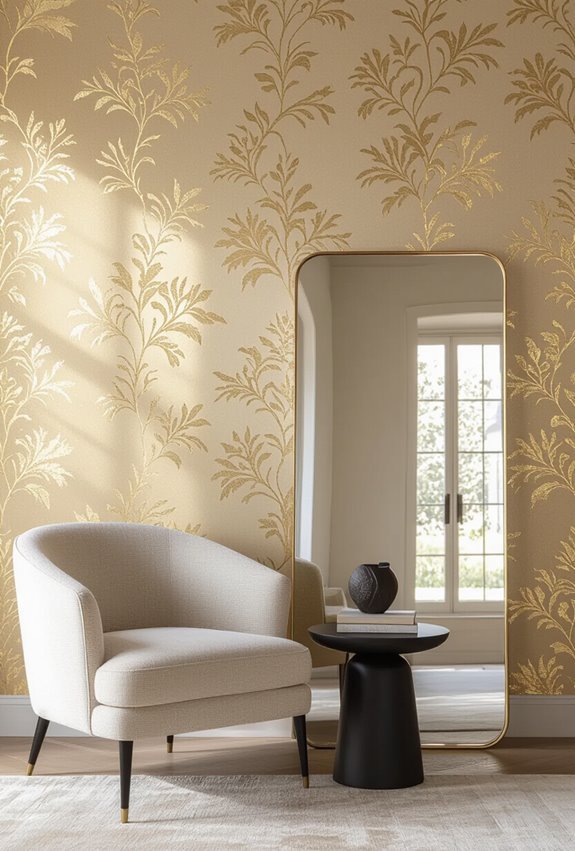 gold wallpaper with mirrors
