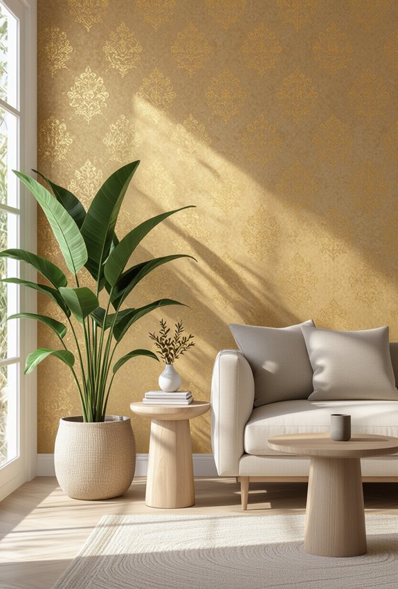 gold wallpaper with plants