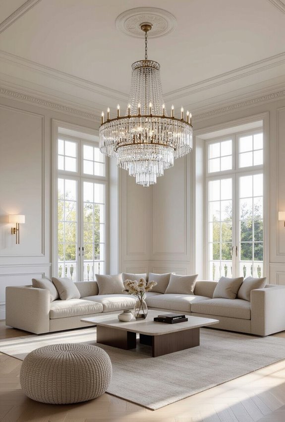 grand crystal chandelier anchors room