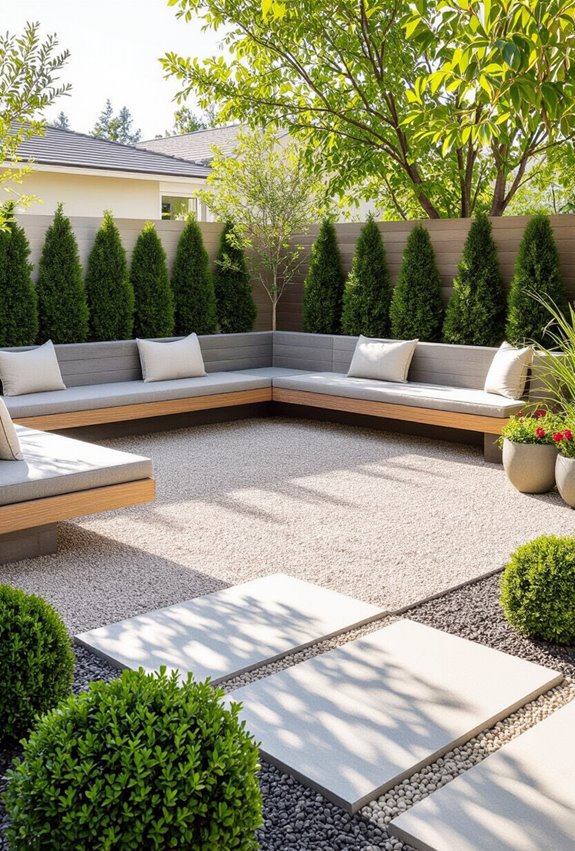 gravel patio with benches