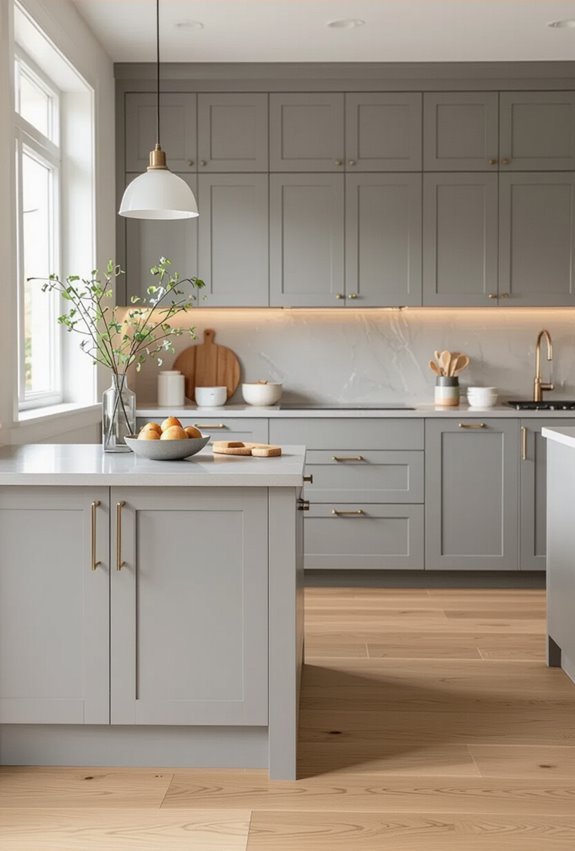 gray kitchens warm wood floors