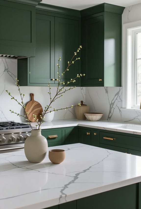 green cabinets veined marble