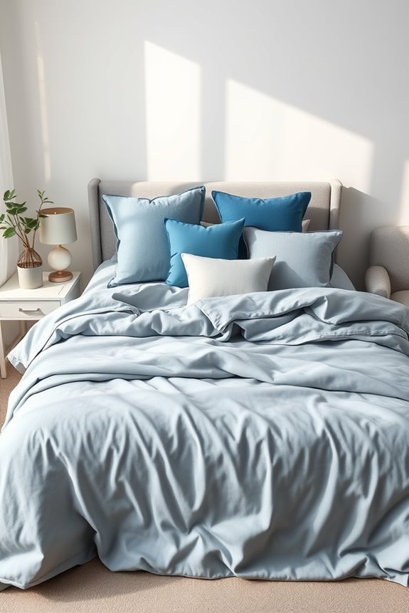 grey bedding blue pillows