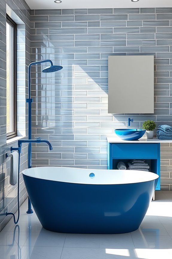 grey tiles blue fixtures