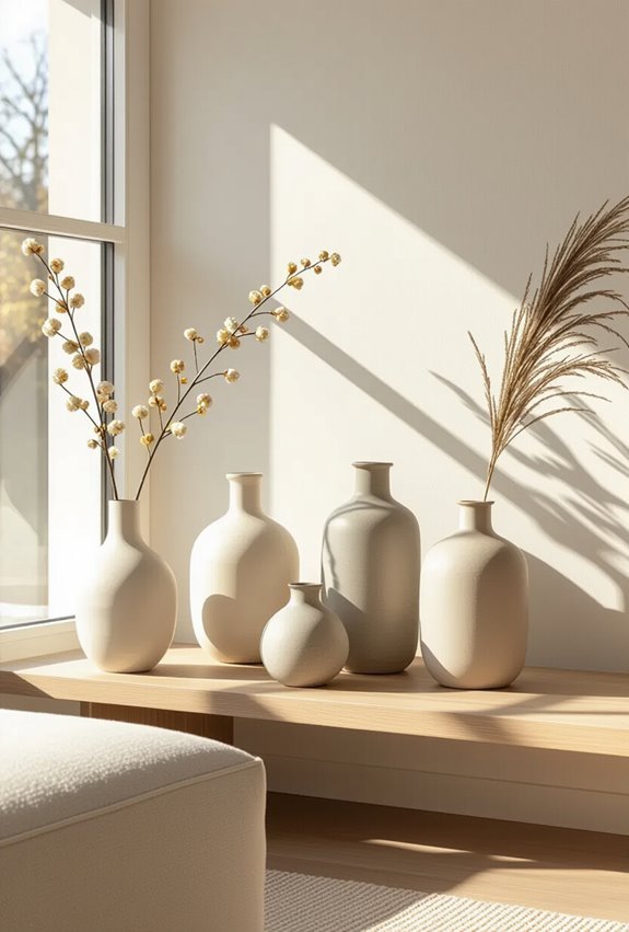 grouped color coordinated ceramic vases