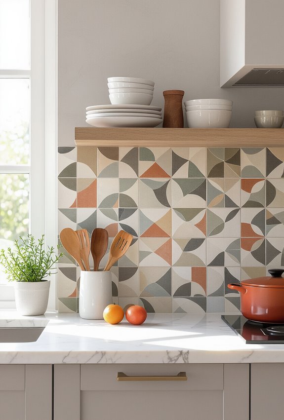 hand painted encaustic patterned backsplash