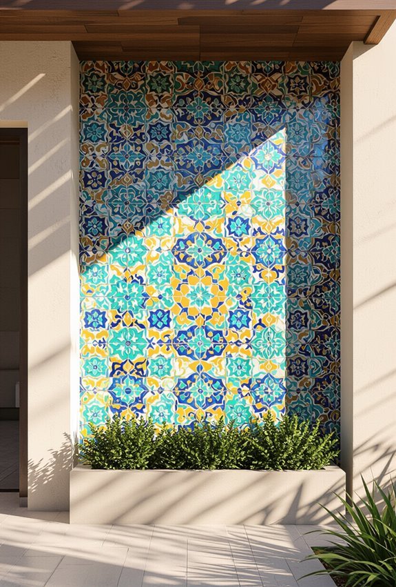 hand painted geometric tile mural