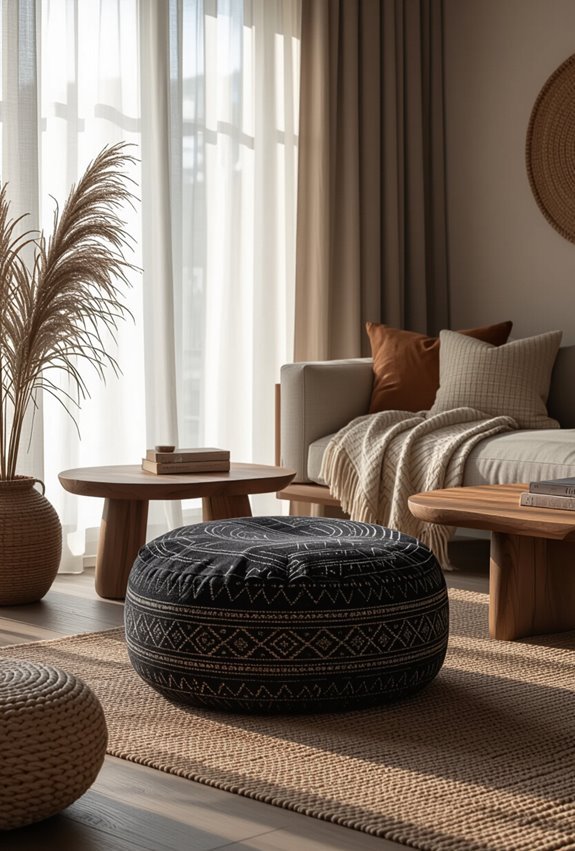 handwoven patterned boho poufs