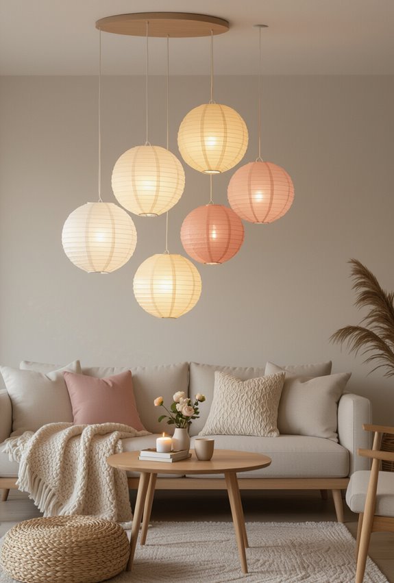 hanging colorful paper lanterns indoors