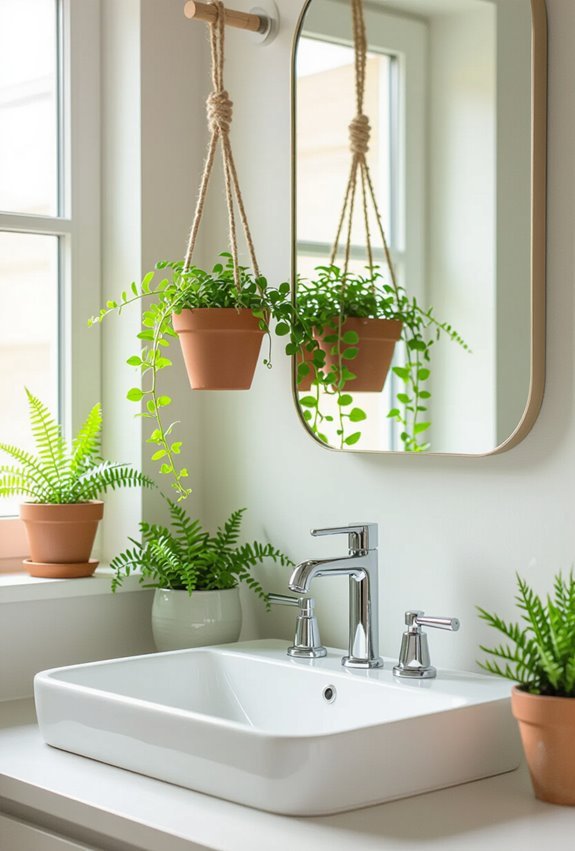 hanging small plants brighten bathrooms