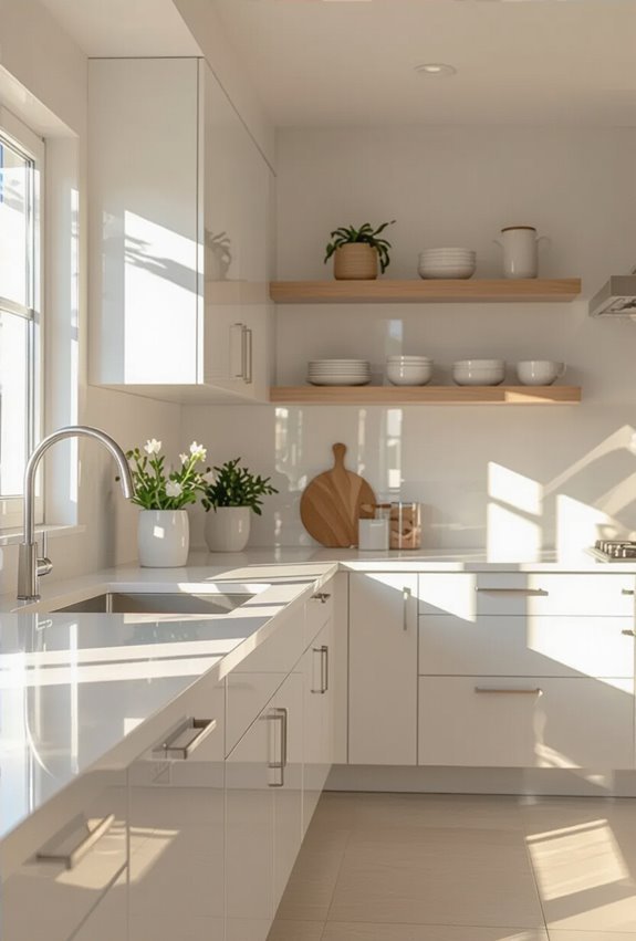high gloss white reflective cabinets