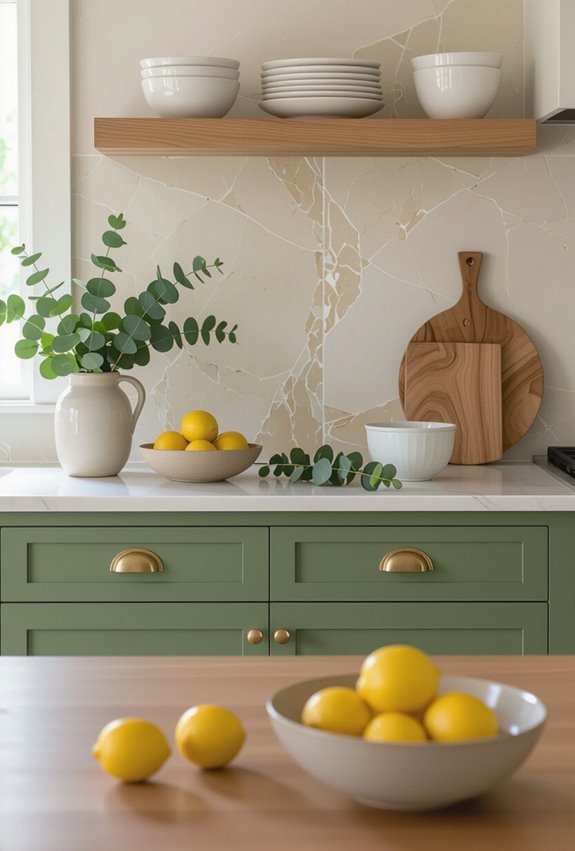 honed stone complements green cabinetry