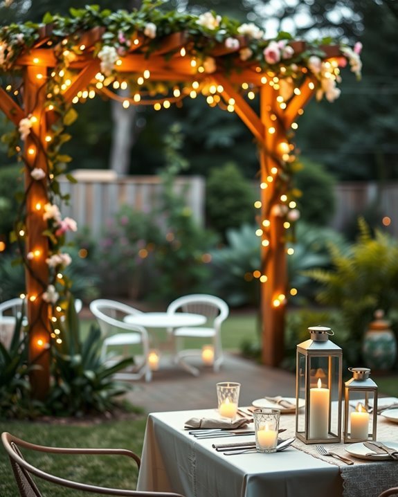 illuminated backyard garden trellis