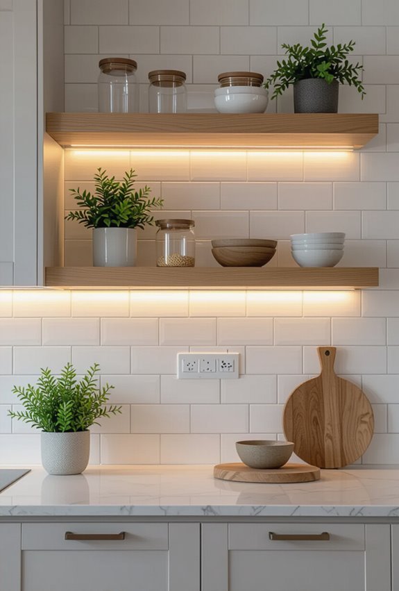 illuminated floating shelves above backsplash