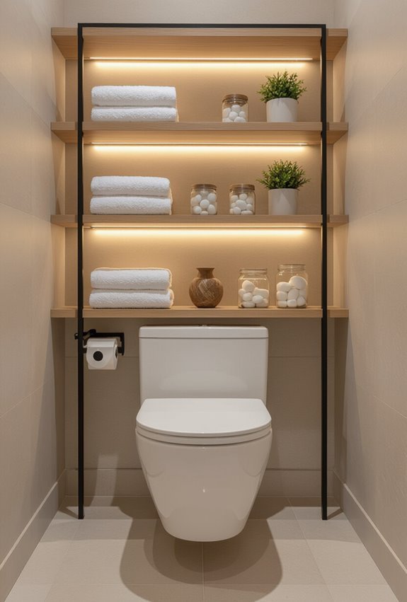 illuminated over toilet storage shelves