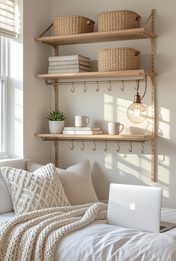 install floating shelves and hooks