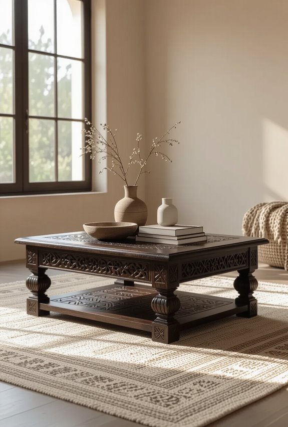 intricately carved mosaic coffee table
