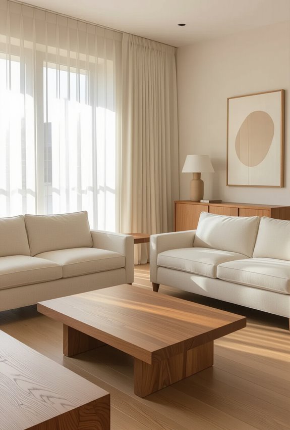 ivory sofa with warm wood
