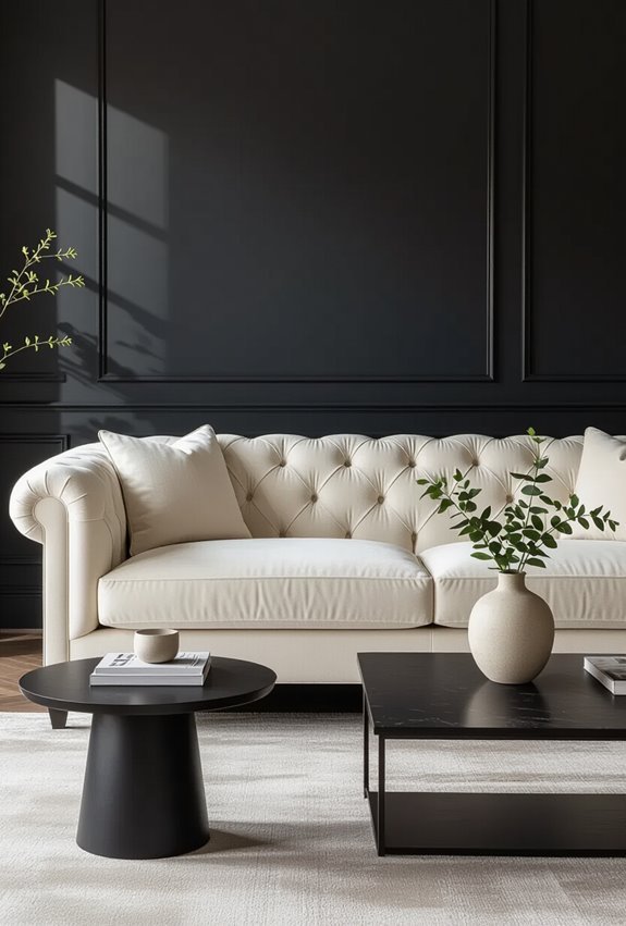 ivory sofas against charcoal walls
