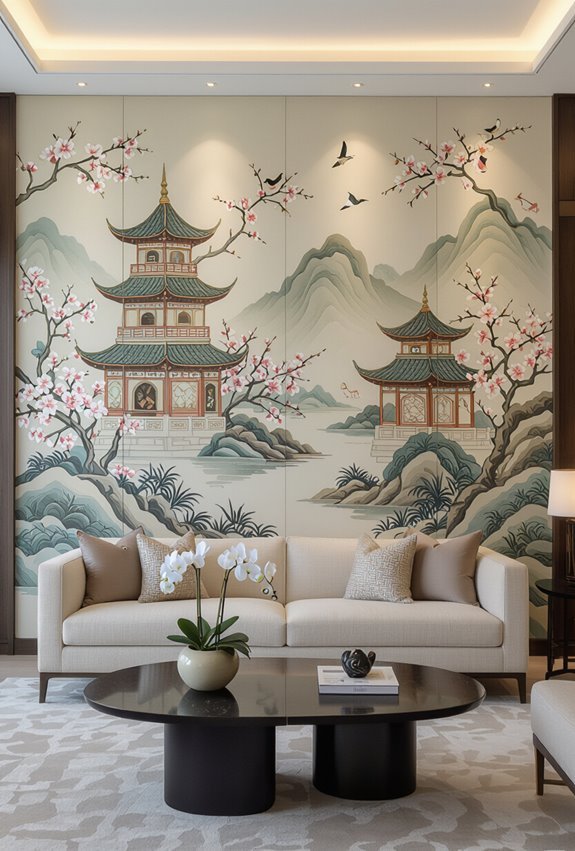 large scale silk chinoiserie murals