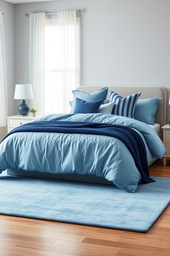 layered blue bedding arrangement