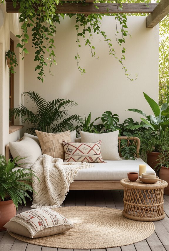 layered boho textiles and plants