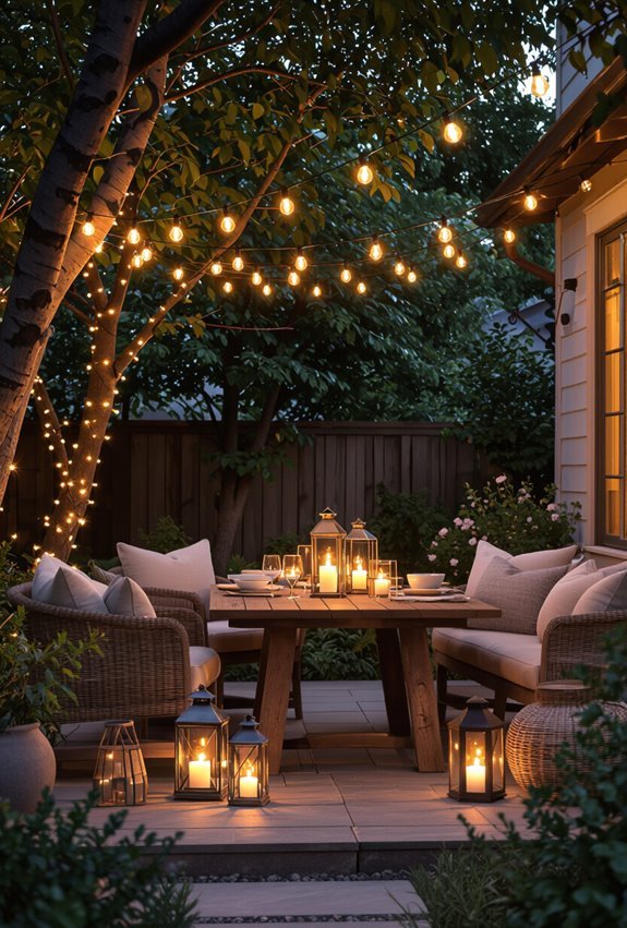 layered cafe lights and lanterns