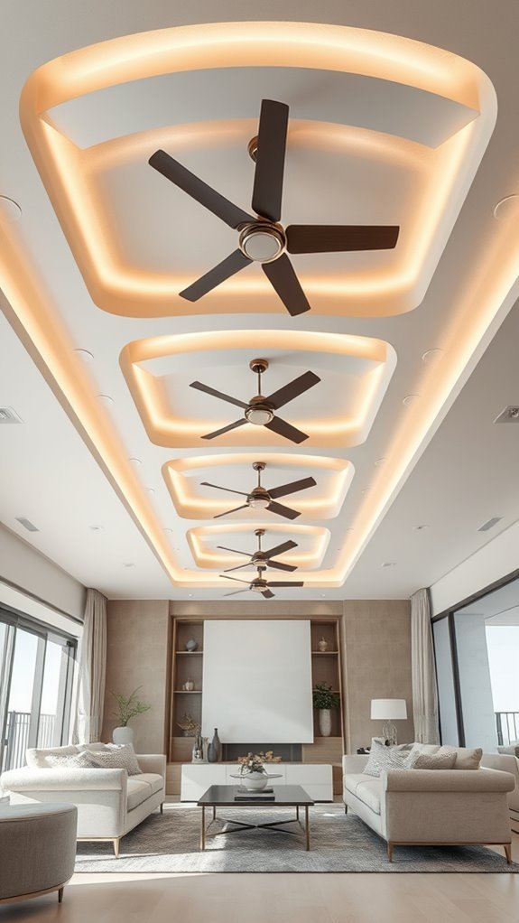layered ceiling with fans