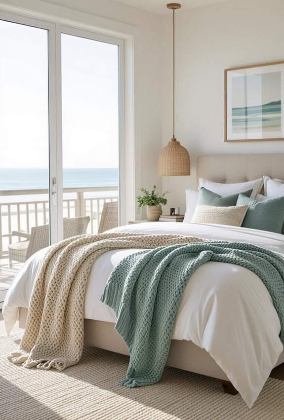 layered coastal pillows and blankets