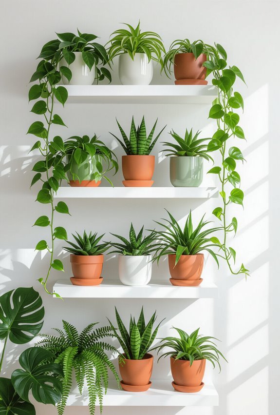 layered floating shelves greenery