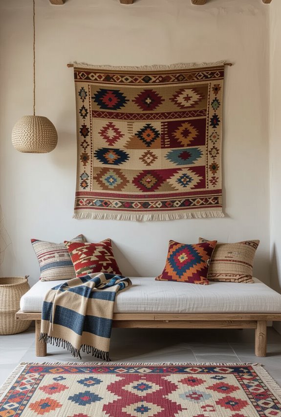 layered global textiles for bedroom