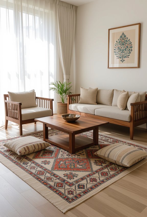 layered indian rugs define spaces