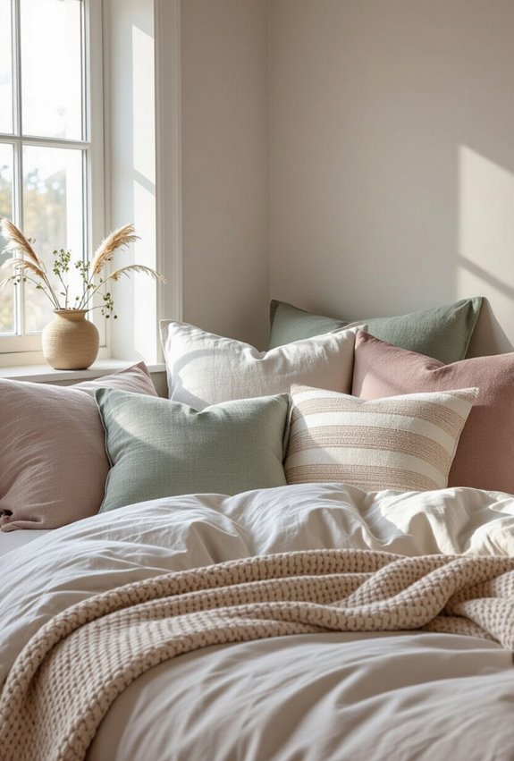 layered muted patterned pillows
