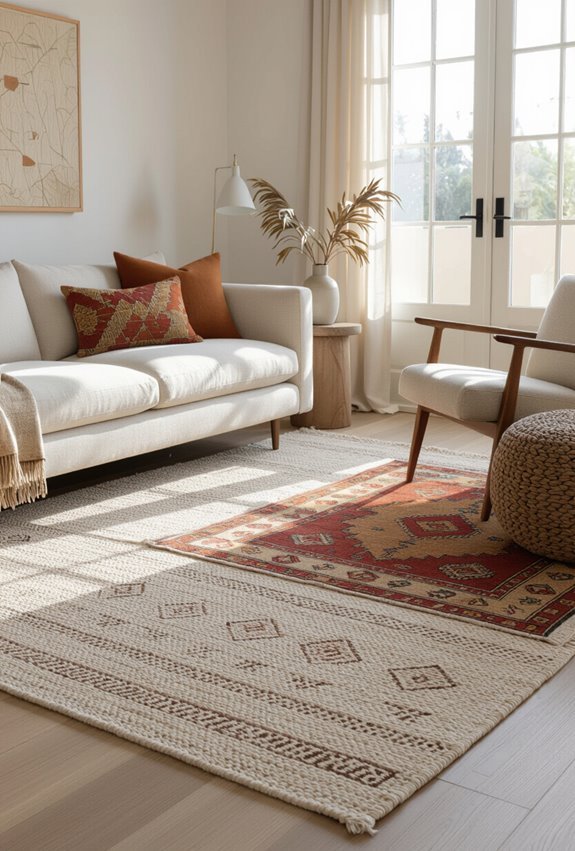 layered patterned rugs define space