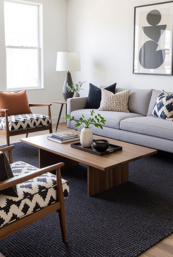 layered patterns complement charcoal carpet