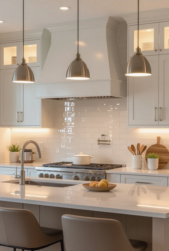 layered pendant and under cabinet lighting