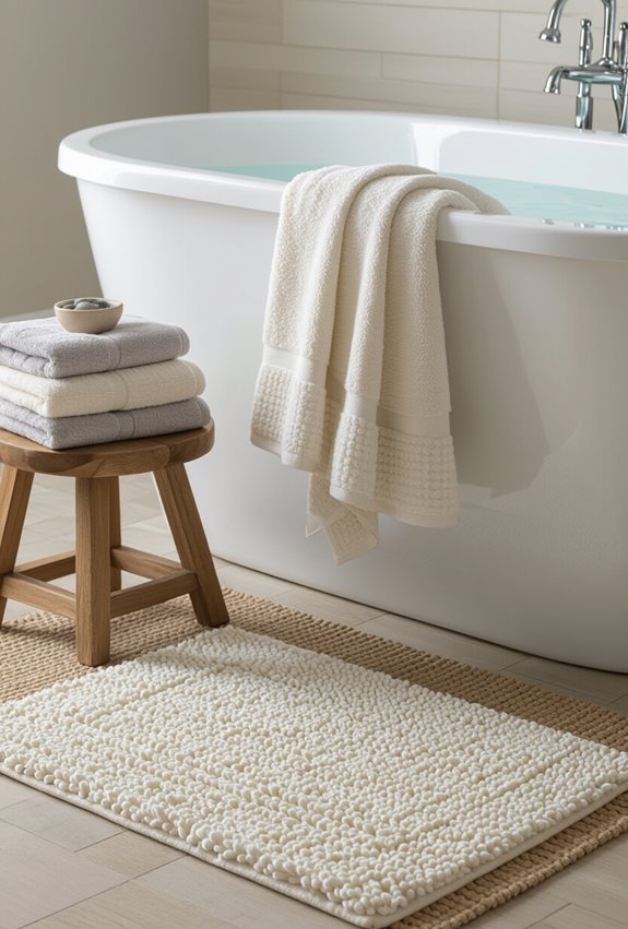 layered plush towels and rugs