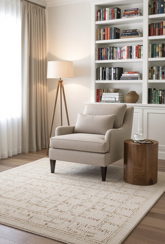 layered rugs anchor reading nook