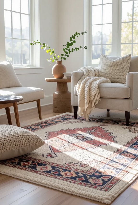 layered rugs and poufs