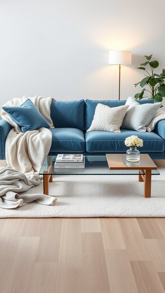 layered textiles enhance blue sofa