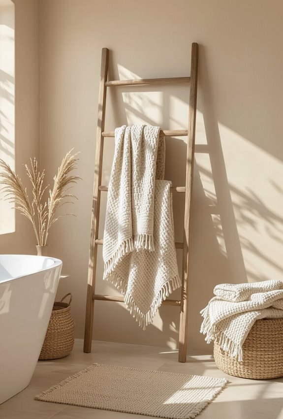 layered textured boho bathroom textiles